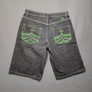 Jinzu Shorts Men 32x13 Jorts Denim Jean Dark Wash Blue Green Trim Y2K Tagged 34
